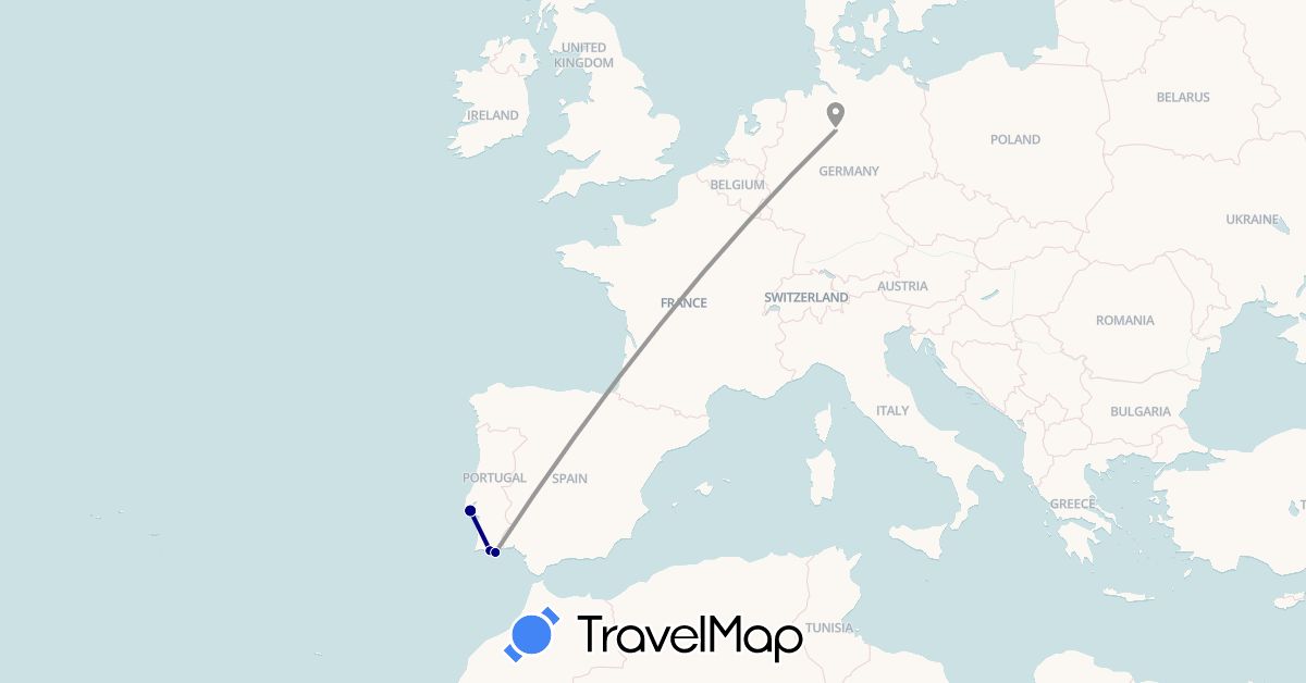 TravelMap itinerary: driving, plane in Germany, Portugal (Europe)